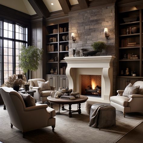 Elegant Symmetrical Bookshelves for Stylish Display Fireplace EWith Built Ins On Both Sides Idea Image Built In Bookshelves Around Brick Fireplace, Library Shelves Around Fireplace, Elegant Traditional Kitchen, Stained Wood Built Ins Living Room, Elegant Stone Fireplaces, Dark Family Room Ideas, Tv Cabinet Next To Fireplace, Stunning Fireplaces Living Rooms, Tall Shelves Living Room