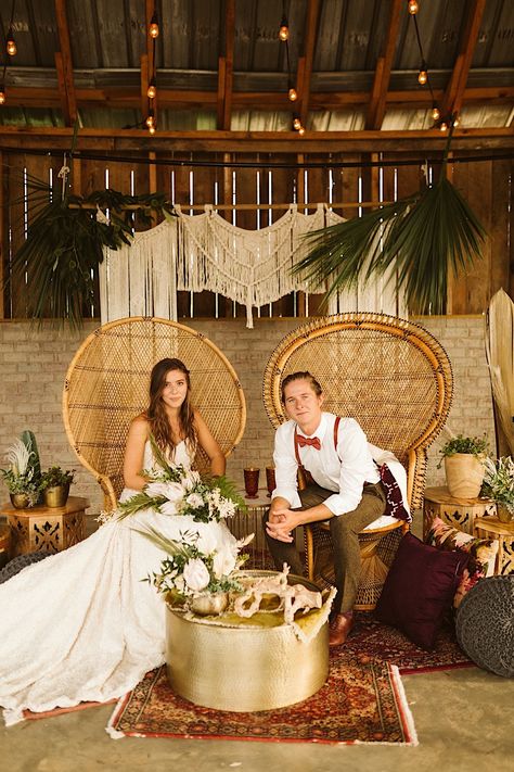 Boho wedding reception decor with warm fall and summer colors - driftwood, protea flower, vintage rug, peacock chairs, macrame installation. The Gray Dove, Chattanooga Ooltewah Tennessee wedding venue. Boho Western Wedding, Chairs Wedding, Peacock Chairs, Wedding Photobooth, Wedding Reception Backdrop, Chattanooga Wedding, Elegant Wedding Reception, Rustic Wedding Bouquet, Peacock Chair