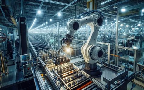 Robot Arms on Fully Automated Assembly Line Inside Modern Electronics Factory royalty free stock photo Robot Factory, Robotic Automation, Assembly Line, Power Energy, Thundercats, Robotics, White Stone, Car Wash, Tron