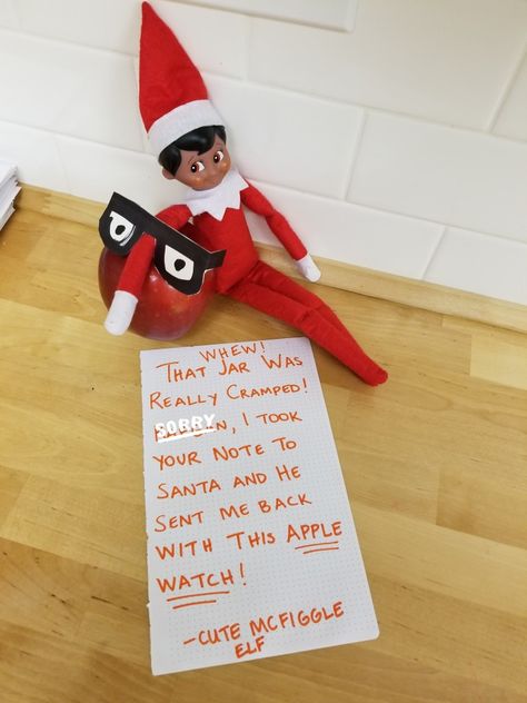 One of my kids asked the elf on the shelf to remind Santa about her apple watch. Here's the elf's reply #pun Elf On The Shelf Pranks On Dad, Elf On The Shelf Apple Watch, Elf 2023, Elf Writing, Easy Pranks, Elf Mischief, The Elf On The Shelf, Elf Ideas, Holiday Inspiration