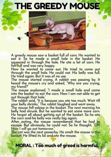 The greedy mouse. Moral short stories for learning English.  too much of greed is harmful Short Story About Animals, Moral Short Stories, English Story Books, Stories With Moral Lessons, English Moral Stories, Reading Comprehension For Kids, Narrative Story, Short Moral Stories, English Practice