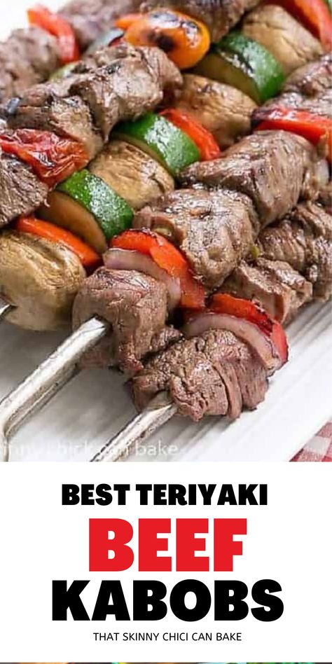 Teriyaki Beef Kabobs - Tender grilled beef and veggies steak kabobs flavored with an Asian marinade #beef #kabobs #teriyaki #beefkabobs #grilled #summermeal #bestangusbeef #BBQ #thatskinnychickcanbake Teriyaki Kabobs, Shish Kabobs Marinade, Beef Shish Kabob, Beef Kabob Marinade, Beef And Veggies, Asian Marinade, Beef Teriyaki, Teriyaki Steak, Outdoor Cooking Recipes