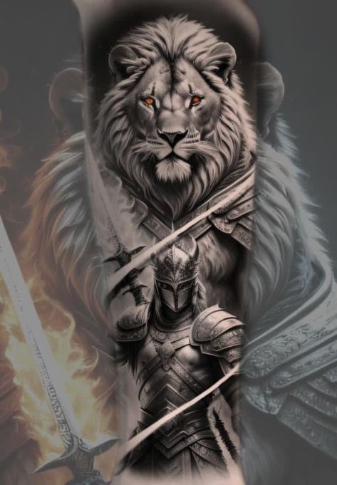 Gladiator And Lion Tattoo, Lion And Warrior Tattoo Design, Gladiator Lion Tattoo, Lion Spartan Tattoo, Lion Warrior Tattoo, Gladiator Tattoos, Half Arm Sleeve Tattoo, Armor Of God Tattoo, Warrior Tattoo Sleeve