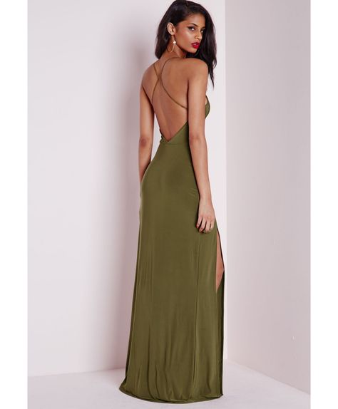 Slinky Side Split Maxi Dress Khaki - Dresses - Maxi Dresses - Missguided Olive Green Prom Dress, Green Dress Makeup, Khaki Dresses, Khaki Green Dress, Side Split Maxi Dress, Green Formal Dresses, Green Prom, Maxi Dress Outfit, Winter Dress Outfits