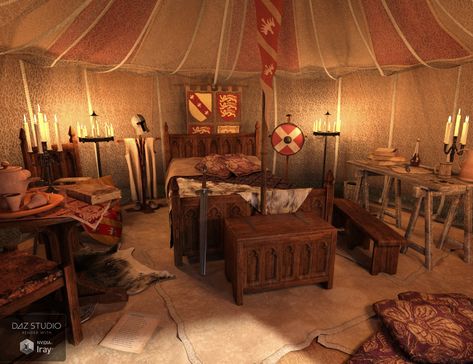 Knight's Pavilion Interior Larp Camping, Medieval Camping, Sca Camping, Medieval Party, Medieval Houses, Gra O Tron, Medieval World, Camp Furniture, 3d Studio