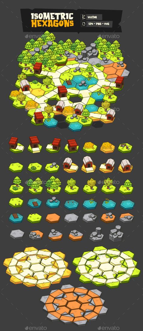 Hexagonal Isometric Tiles by Torchis | GraphicRiver Isometric Game Design, Top Down Game Art, Isometric Game Art, Hexagonal Map, Rpg Game Design, Boardgame Design, Isometric Pixel Art, Hexagon Game, Board Game Art