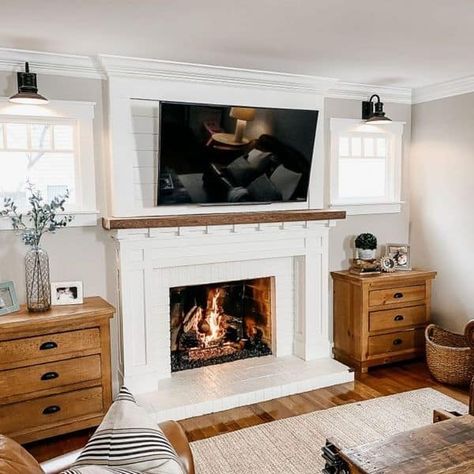 Shiplap Fireplace With Tv, Shiplap Fireplace With Wood Mantle, White Shiplap Fireplace, Fireplace With Wood Mantle, Trim Around Windows, Fireplace Between Windows, Farmhouse Style Trim, Kitchen Shiplap, Craftsman Style Trim