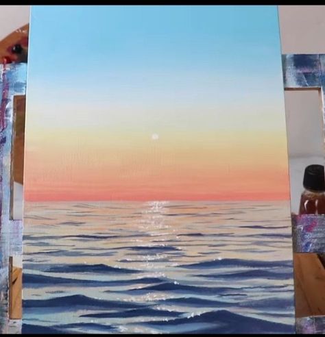 Canvas Oil Painting for New Artists at $110 Sunrise Over Ocean Painting, Ocean Painting Acrylic Beach Scenes, Sunset Water Painting, Easy Ocean Painting, Beach Sunrise Painting, Sunset Sea Painting, Sunrise Art Painting, Easy Canvas Paintings, Sunset Beach Painting