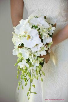 Teardrop/Cascade Wedding Bouquet: White Phalaenopsis Orchids, White Dendrobium Orchids + Buds & Green Magnolia Foliage Teardrop Bouquet, Orchid Bouquet, Bridal Bouquet Flowers, Orchid Wedding, Cascade Bouquet, White Wedding Bouquets, Bouquet Arrangements, Bouquet Ideas, White Orchids