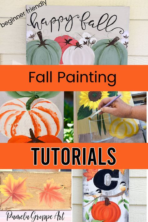 Fall painting tutorials, step by step instructions with video and printable patterns. Have fun painting your Fall / Autumn decor. Easy enough for beginners and fun for everyone, including the kids. Enjoy painting along or hold a paint party, even if it must be virtual! Diy Fall Paintings, Pumpkin Canvas Painting, Fall Canvas Painting, Pumpkin Canvas, Acrylic Painting Ideas, Minimal Painting, Fall Canvas, Canvas Painting Tutorials, Easy Canvas Painting