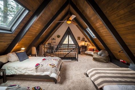 Lux Boho, A-frame Interior, Big Bear Lake California, Attic Bedroom Designs, A Frame Cabins, A Frame House Plans, Cabin Interiors, Big Bear Lake, A Frame Cabin