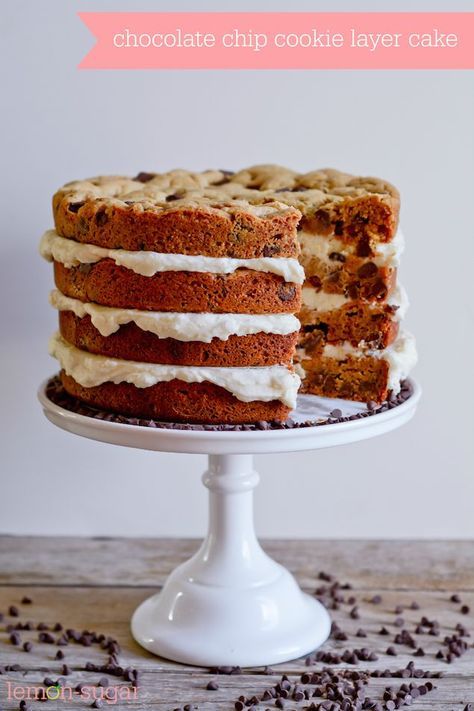 This is not just any cookie cake – it's a chewy, soft, four layer chocolate chip cookie cake with buttercream. Perfect for all ages. Layer Cookie Cake, Layered Cookie Cake, Cookie Layer Cake, Rustic Dessert, Cake Tower, Sweet Pies, Delish Desserts, Chocolate Chip Cookie Cake, Cookie Cakes