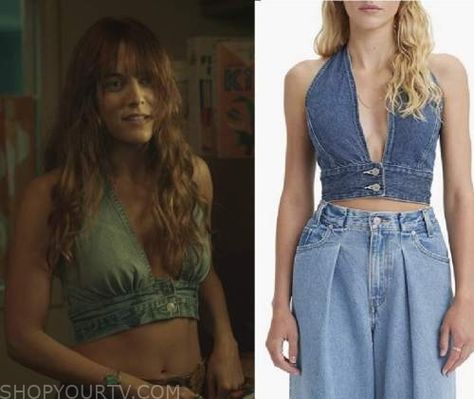 Daisy Jones Denim Top, 70s Halter Top Outfit, Daisy And The Six Outfits, Daisy Jones And The Six Outfit, Daisy Jones Outfit, Denim Top Diy, Diy Denim Top, Diy Halter Top, Halter Tops Outfit