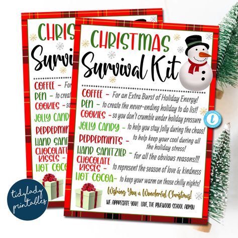 "Christmas Survival Kit Gift Tags! ** All Text is editable so you can make it read what you wish! You can personalize as many holiday survival kit printable cards as you need. MAKES FOR AMAZING HOLIDAY GIFTS!! TEMPLATE FORMATTED SIZES: size of individual card is 3.25\" x 4.5\" - 4 print per sheet Full Editing Options With Templett.com TRY BEFORE YOU BUY! Copy and paste the demo link below: https://templett.com/design/demo/TidyLady19/24008314 IMPORTANT: This is a DIY self-editing digital, printab Black Friday Survival Kit For Employees, Fun Survival Kit Ideas, Holiday Employee Appreciation, Christmas Survival Kit Gift, Christmas Morale Boosters At Work, Christmas Gift Card Bouquet, Holiday Survival Kit For Coworkers, Work Survival Kit Ideas, Christmas Survival Kit Ideas