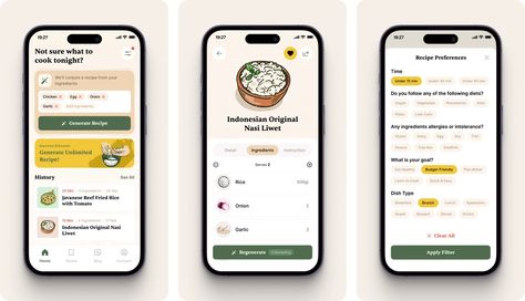 Culinar.ai - AI Food Recipe Generator by Nuha Maulana Ahsan 🦅 for Vektora on Dribbble Recipe Apps, Learn Ux Design, Web Design Typography, Ux App Design, Cooking App, Recipe Generator, Mobile App Design Inspiration, App Design Inspiration, Mobile App Design