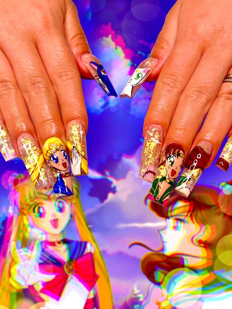 Hand painted sailor moon inspired nails Jupiter Nails, Sailor Moon Inspired Nails, Moon Inspired Nails, Sailor Moon Inspired, Inspired Nails, Sailor Jupiter, Sailor Moon, Moon, Hand Painted