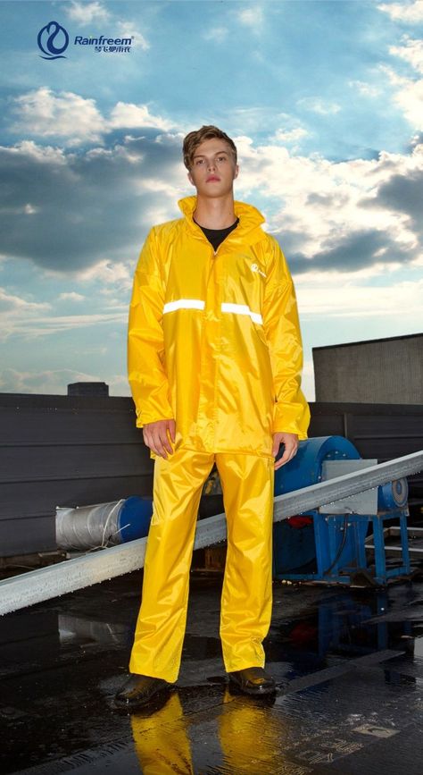 #yellowwear #reflective #rainsuit #rainyday #darkness #rainwear #raincoat #rainfreem Men Raincoat, Raincoat Men, Cycling Suit, Rain Suit, Rain Pants, Promotional Design, Rain Wear, Rainy Days, Playsuit