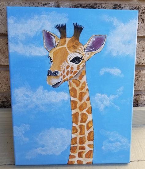 Sold!  Acrylic painting of a giraffe on canvas with wooden frame. Simple Giraffe Painting, Painting Of Giraffe, Giraffe Painting Ideas, Acrylic Giraffe Painting, Cute Giraffe Painting Easy, Acrylic Painting For Nursery, Baby Giraffe Painting, How To Paint A Giraffe, Painting Giraffe