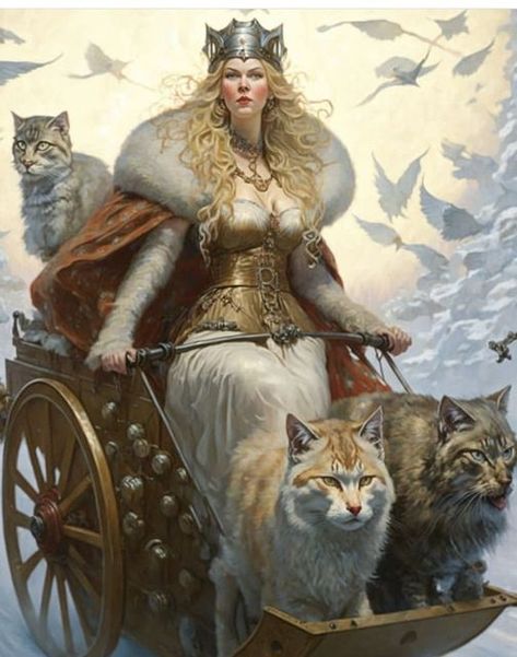 Bygul and Trjegul are the mythical cats that accompany the Goddess Freya. These cats large male gray or blue cats are known for their loyalty and their ability to pull Freyja’s chariot across the sky. Nordic Goddesses, Goddess Freya, Freya Goddess, Norse Goddess, Norse Myth, Norse Pagan, Viking Culture, Mythology Art, Goddess Of Love