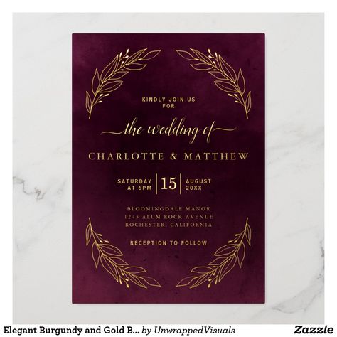 Gold Foil Invitation, Burgundy Wedding Invitations, Botanical Wedding Invitations, Elegant Bridal Shower, Gold Bridal Showers, Classic Wedding Invitations, Foil Invitations, Dinner Invitation, Rehearsal Dinner Invitations