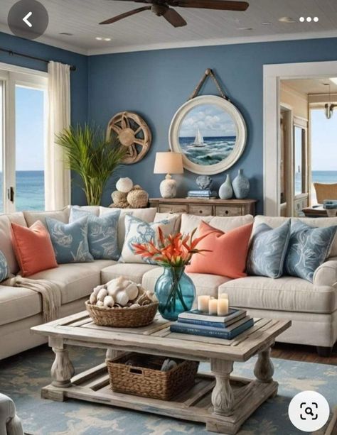 Beach House Living Room, Coastal Living Rooms, Beach House Interior, Coastal Retreat, Coastal Living Room, Blue Living Room, Styl Boho, Small Living Rooms, Small Living Room