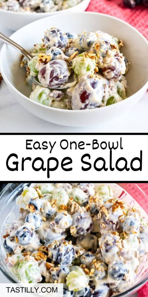 Green, red, and purple grapes bathed in a sweet and creamy dressing make this salad not only colorful and charming, but also luxurious and delicious. Chopped pecans give it a delightful crunch making it perfect for the holidays or any get-together! Healthy Grape Recipes, Grape Salad Recipe Chicken Salad Chick, Grape Salad Chicken Salad Chick, Copycat Chicken Salad Chick Grape Salad, Chicken Salad Chick Cookie Recipe, Grape Salad With Brown Sugar, Chicken Salad Chick Copycat Recipes, Chicken Salad Chick Grape Salad, Chicken Salad Chick Grape Salad Recipe