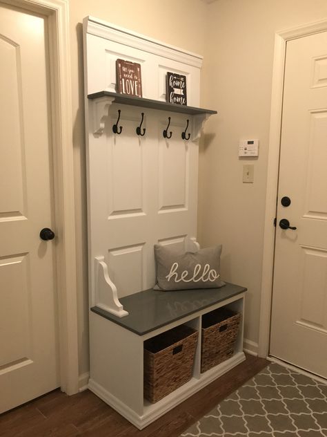 Hall Tree With Doors, Small Hall Tree Entry Ways, Wall Tree Entryway, Hall Tree Entryway Diy, Hall Tree Decorating Ideas, Small Hall Tree, Gray Mudroom, Diy Hall Tree, Recycled Dresser