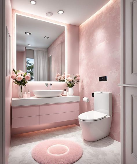 Sister Bathroom Ideas, Pink Bathroom Inspiration, Blush Pink Bathroom Ideas, Pink Toilet Bathroom, Pink Restroom, Beauty Center Design, Pink Aesthetic Bathroom, Pink Tile Bathroom Ideas, Pink Bathroom Aesthetic