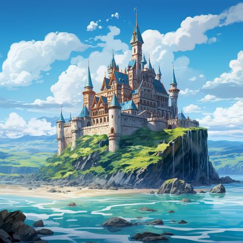 Seaside Castle Fantasy Art, Fantasy Beach City, Fantasy Castle Concept Art, Fantasy Town Concept Art, Medieval House Concept, Medieval House Concept Art, House Concept Art, Ocean Drawing, Medieval House