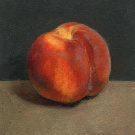 Peach, 4" x 4", oils on paper. Buy at ckornacki.etsy.com.  In 2015, I started a weekly food painting initiative. Every Monday, I create a small, 4" oil paintings from life.  I have an hour time limit and I can only use big brushes. This exercise has allowed me to experiment and play with oil paints in ways that I normally can't. Follow me every Monday to see what I paint next! Oil Painting Videos, Fruit Art Drawings, Tiffany Glass Art, Oil Painting Tutorial, Art Fruit, Still Life Fruit, Oil Painting Techniques, Food Painting, Fruit Painting