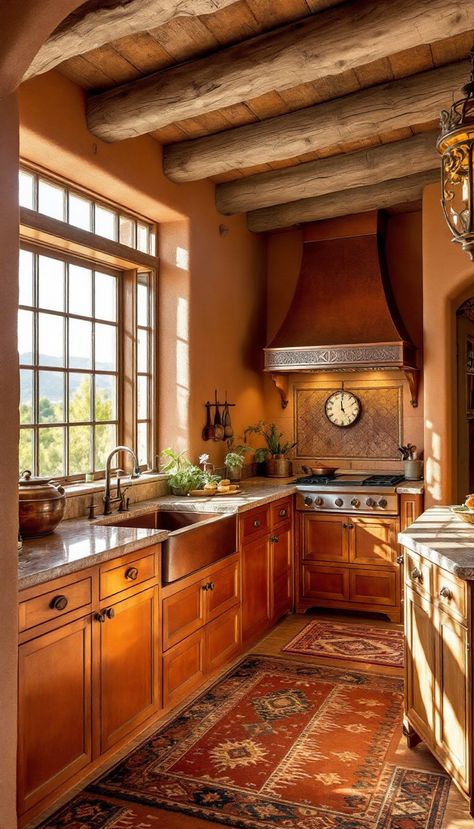 Explore the allure of Southwestern design with this awe-inspiring adobe kitchen. Morning sunlight highlights the earthy textures and handcrafted details, creating a warm and inviting space centered around a stunning copper range hood. Perfectly Pinterest-ready for those seeking inspiration in rustic elegance. Orange Wood Cabinets Kitchen, Adobe Kitchen, Southwest Kitchen, Earthy Textures, Copper Range Hood, Morning Sunlight, Southwestern Design, Space Center, Kitchen Reno