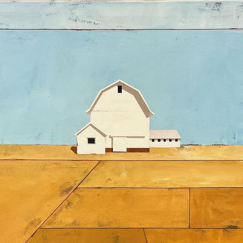 Justin Wheatley | Artist on Instagram: "Great Plains. 36” x 36.” Done from a previously posted study.  - - - #greatplains #midwest #farm #diebenkorn #illinois #barn #landscapepainting" Midwest Art, Barn Painting, Great Plains, April 13, Artist On Instagram, Painting Inspiration, Illinois, Landscape Paintings, Paintings