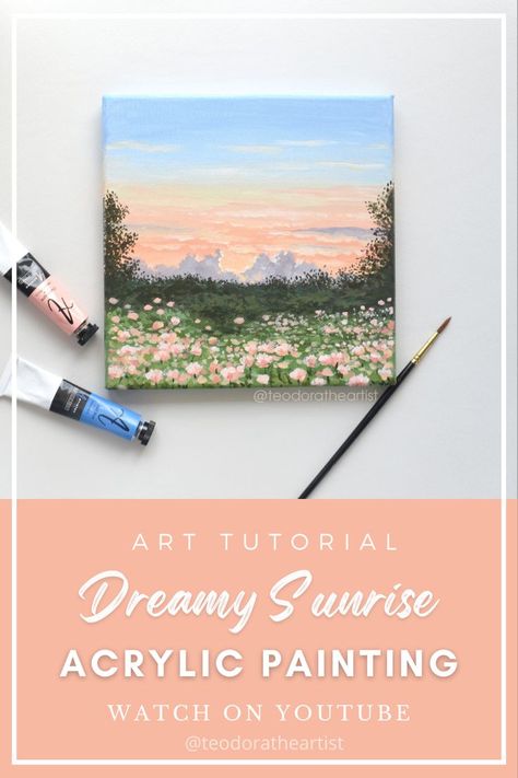 Small Canvas Art Scenery, Countryside Acrylic Painting, Aesthetic Paintings To Paint, Romantic Paintings Easy Step By Step, Mini Canvas Aesthetic, Sky Painting Ideas On Canvas, Acrylic Landscape Paintings Easy Step By Step, Spring Flower Painting On Canvas, Sunset Mini Painting