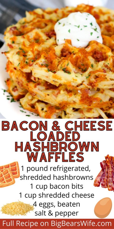 Loaded Potato Waffle Recipe, Loaded Potato Waffles, Hashbrown Waffles Shredded, Hashbrown Waffle Iron Recipes, Waffle Maker Hashbrowns, Bacon Breakfast Recipes, Loaded Waffles, Loaded Hashbrowns, Shredded Hashbrown Recipes