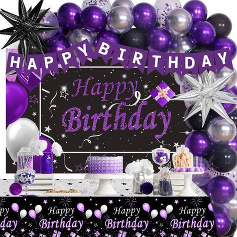 PRICES MAY VARY. 🎉 Purple Party Decorations--- Includes 10" latex balloons 40pcs ( purple balloons 20pcs, black balloons 10pcs, silver balloons 10pcs ), 12" purple confetti balloons 10pcs, purple birthday backdrop cloth 59.1 x 39.4in (150x100cm), purple and silver star balloons(55x44cm), purple happy birthday table cover, dot glue, strip and ribbon. 🎈 Happy Birthday Backdrop and Table Cover --- Birthday backdrop is made from polyester fabrics, sturdy, lightweight, no-fading, and reusable. The Black And Purple Birthday Decor, Purple Birthday Decorations, Birthday Elements, Purple Happy Birthday, Purple Party Decorations, Birthday Decorations For Women, Silver Party Decorations, Silver Balloons, Birthday Purple