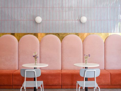 Breadway Bakery by Artem Trigubchak Coral Interior, Pintu Interior, Deco Rose, Banquette Seating, Retro Interior, Design Del Prodotto, Pink Interior, Blue Interior, Hospitality Design