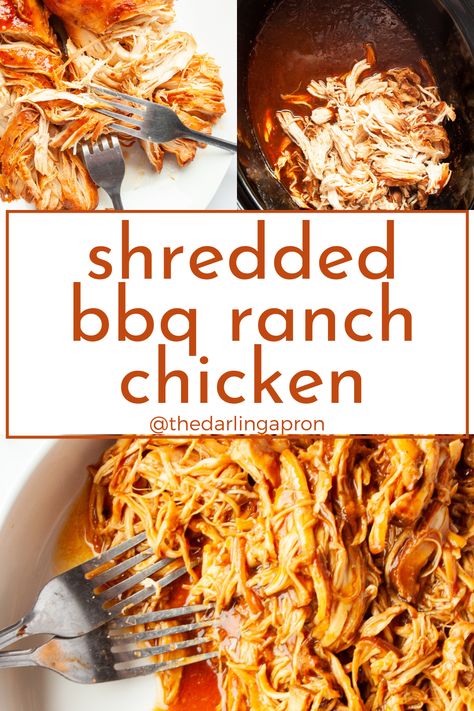 This shredded, fall apart Slow Cooker BBQ Ranch Chicken only requires 4 ingredients and is loaded with flavor. Serve this chicken on buns, wraps. flatbreads and more! Ranch Bbq Chicken, Crockpot Chicken For Wraps, Slow Cooker Chicken Wraps, Shredded Chicken On A Bun, Ranch Shredded Chicken Crockpot, Crock Pot Shredded Bbq Chicken, Bbq Ranch Chicken Crockpot, Ranch Pulled Chicken, Easy Bbq Shredded Chicken