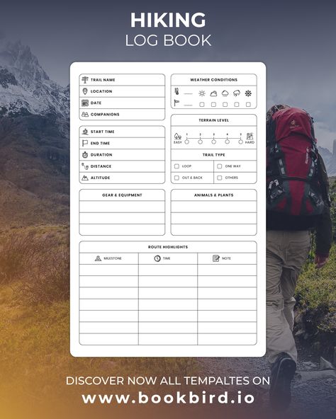 Hiking Log Book, Hiking Journal Ideas, Log Book Ideas, Kdp Low Content, Hiking Journal, Travel Binder, Camping Journal, Travel Printables, Music Journal