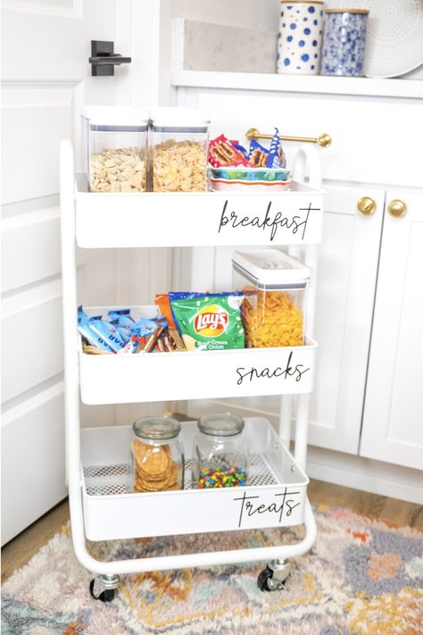 See how organization can save you money this year! See my blog for details! This project was made in partnership with JOANN #​handmadewithJOANN #JOANNpartner Snack Cart Organization, Work Snack Bar, Breakfast Cart Ideas, Snack Corner Ideas, Diy Snack Cart, Snack Cart Ideas For Work, Office Snack Station Ideas, Office Snack Bar, Snack Cart Ideas