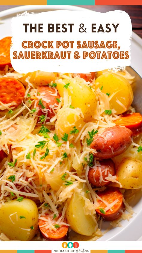 Crock Pot Sausage, Sauerkraut and Potatoes Polish Sausage Sour Kraut And Potatoes, Saurcraught Recipes, Sausage And Sauerkraut Recipes Crockpot, Pork And Sauerkraut Crockpot, Sausage And Sauerkraut Recipes, Sourcrout Recipes, Sauerkraut And Potatoes, Crock Pot Sausage, Sausage Crockpot Recipes