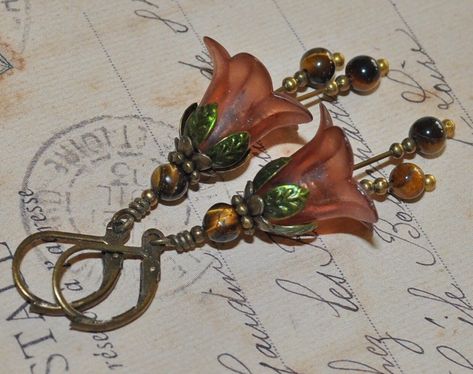 Iridescent Earrings, Lucite Flowers, Woodland Flowers, Vintage Style Earrings, Tiger Eye Beads, Eye Beads, Jewelry Lookbook, Flower Fairy, Tiger's Eye