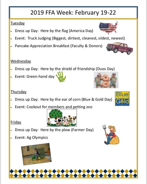 Ffa Snack Ideas, Ffa Team Building Activities, National Ffa Week Dress Up Days, Ffa Week Ideas Dress Up, Ffa Week Activities, Ffa Dress Up Days, Community Service Ideas For Ffa, Ffa Recruitment Ideas, Ffa Chapter Meeting Ideas