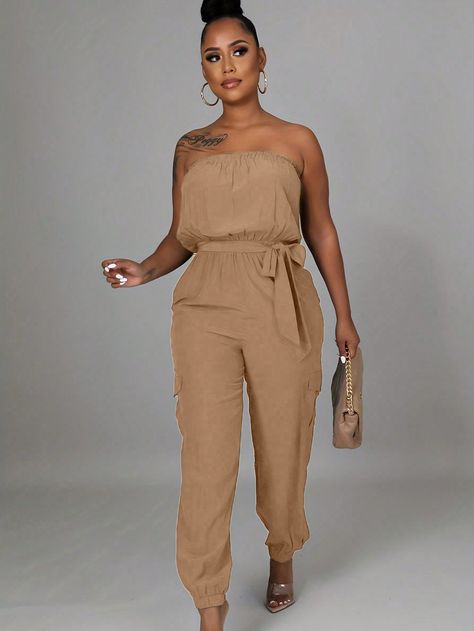 SHEIN Slayr Women Summer Solid Color Strapless Jumpsuit With Pockets And Loose Fit | SHEIN USA Alisha Berry, Jumpsuit With Pockets, Casual Rompers, Strapless Jumpsuit, Winter Collection, Summer Outfit, Berry, Loose Fitting, Casual Outfits