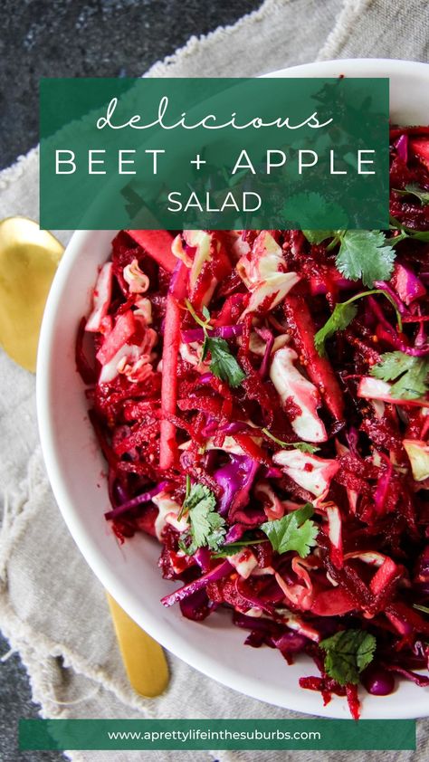 This Apple Beet Slaw is a crunchy, flavourful and fresh salad!  It's delicious served alongside ribs and barbecued meats. A perfect summery side dish. Beet Slaw, Beets Recipe, Lemon Cake Easy, Apple Salad Recipes, Raw Beets, Slaw Recipe, Fresh Beets, Beet Recipes, Slaw Recipes