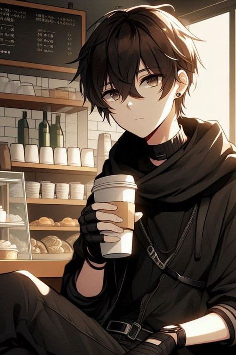 Anime Drinking Coffee, Anime Teenager Boy, Drinking Coffee Pose, Guy Drinking Coffee, Anmi Wallpaper, Anime Coffee, Anime Male, Cute Emo, Cool Anime Guys