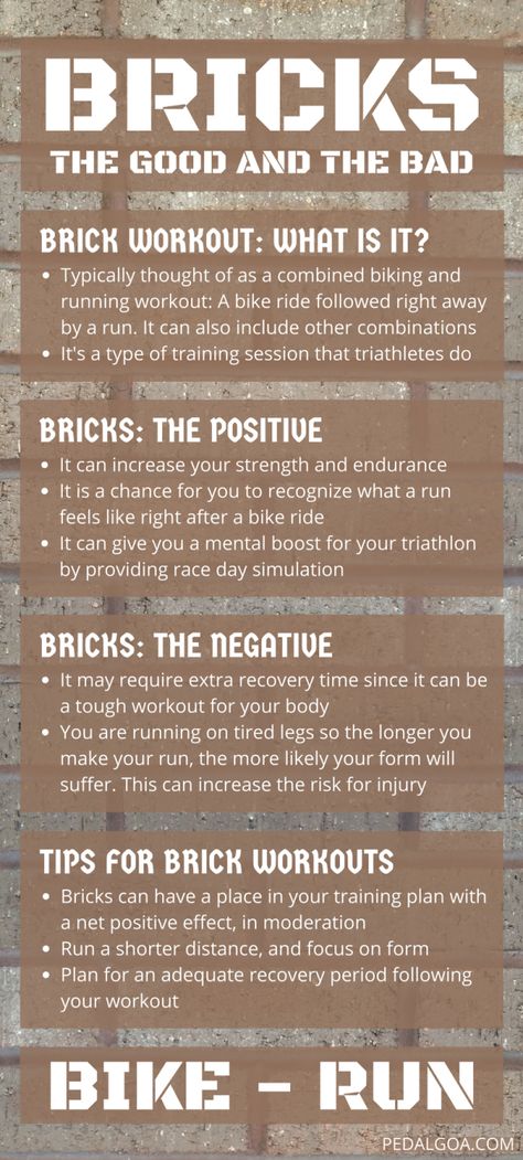 Brick workouts can be good and bad for triathletes. Here are tips for including the bike-run training method into your triathlon training plan, with benefits and drawbacks of a brick workout. Duathlon Training, Triathlon Training Plan, Fitness Training Plan, Sprint Triathlon, Triathlon Motivation, Cycle Training, Workout Training Programs, Race Training, Cycling Tips