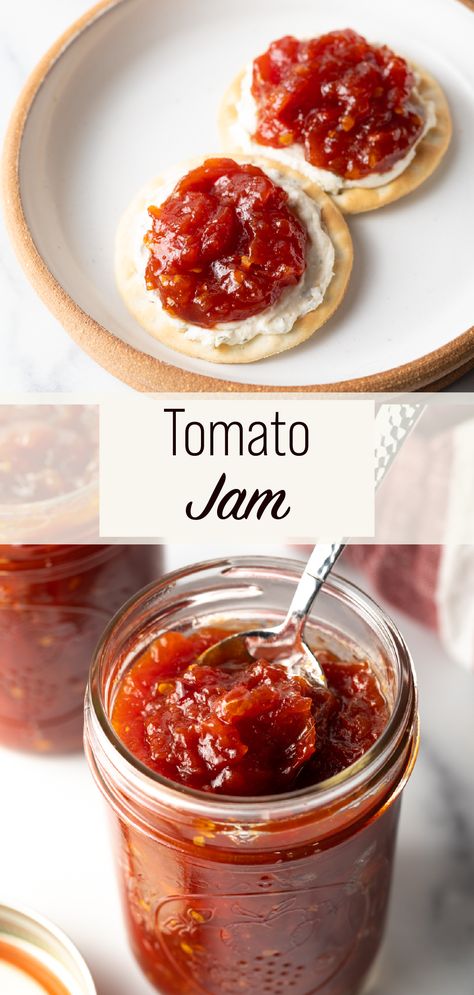 Old-Fashioned Tomato Jam – This easy jam recipe makes the best tangy, sweet, and savory jam with tomatoes! It can be prepared as a tomato freezer jam or for canning, and is terrific to spread on sandwiches or serve as a dip. Freezer Tomato Jam, Sweet And Spicy Tomato Jam, Tomato Jam Recipe Crockpot, Canning Grape Tomatoes, Tomato Butter Recipe, Tomato Jelly, Easy Jam Recipe, Tomato Jam Recipe, Savory Jam