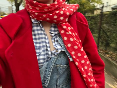 Red coat blue gingham top with polka dotted scarf.
 #patterninspo #patterns #ootd #outfitinspo #outfitvibes #gingham #polkadots Gingham Top, Polka Dot Scarf, Gingham Tops, Red Coat, Blue Gingham, Gingham, Polka Dot, Polka Dots, Fall Winter