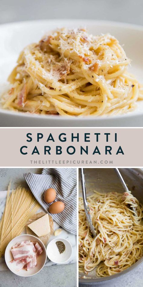 This spaghetti carbonara uses a handful of staple ingredients. It is quite possibly the easiest pasta dish to make!  Traditional carbonara is made from egg, hard cheese, and guanciale. There are numerous variations on this classic Roman pasta dish. This is my quick and easy, get dinner on the table in less than 20 minutes version. Carbonara Recept, Creamy Spaghetti, Pasta Carbonara Recipe, Pasta Alla Carbonara, Carbonara Recipe, Easy Pasta Dishes, Pasta Carbonara, Carbonara Pasta, Recipes Pasta