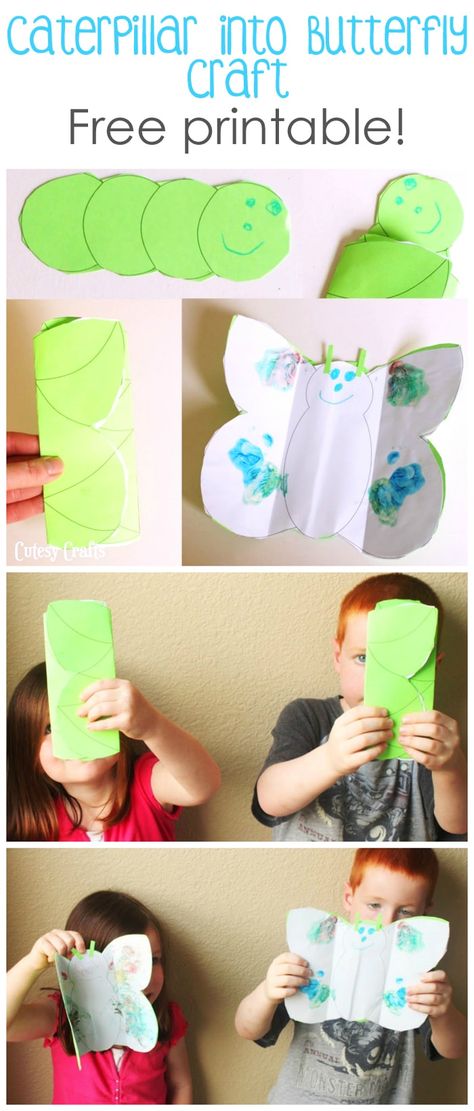 Make this cool caterpillar into butterfly craft with free printables! It's like magic! The caterpillar goes into the chrysalis and then turns into a butterfly. Butterflies Art Preschool, Catapiller Crafts Preschool, Cacoon Crafts For Preschool, Preschool Caterpillar Crafts, Caterpillar To Butterfly Craft, Butterfly Stem Activities, Caterpillar Into Butterfly, Chrysalis Craft, Chrysalis Art